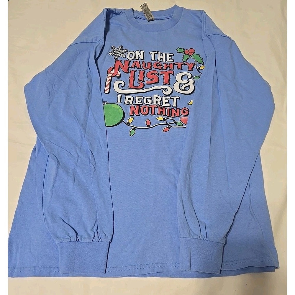 Gildan Adult Large Christmas Long-Sleeve T-shirt "On The Naughty List" Blue